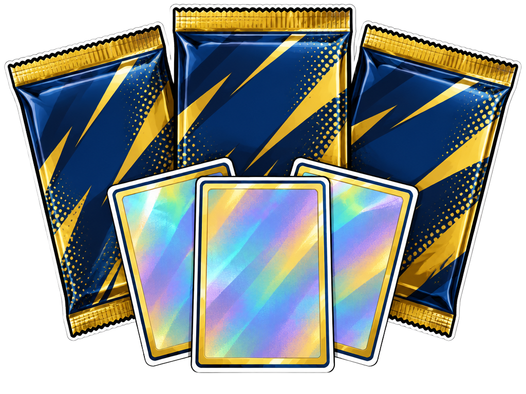 Sealed navy and gold trading card packs with holographic collectible cards